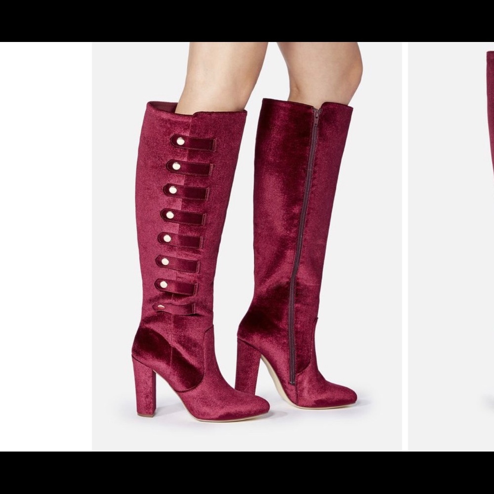 Two pairs of boots. One red. One Olive